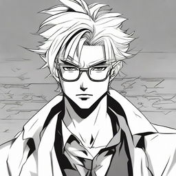 Manga-style illustration of character Ajoi Tsiresy: a renowned former mangaka reincarnated as an antagonist. He has distinctive features such as glasses, disheveled hair, and a mysterious aura.