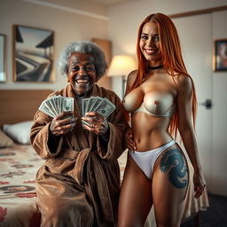 Next to a bed in a brightly lit motel room, a 90-year-old African woman, appearing undernourished and remarkably short, smiles joyfully as she holds wads of cash in her hands