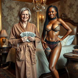 Next to a luxurious bed in a lavish bordello room, there is a short 50-year-old white woman who appears slightly malnourished yet has a joyful smile