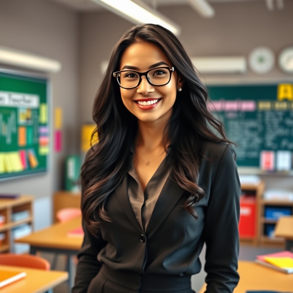 A portrait of a stunning teacher in a modern classroom setting, exuding confidence and charisma