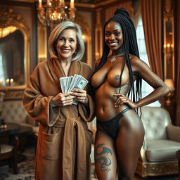 In a luxurious Russian mafia salon, a joyful 50-year-old short white woman appears slightly malnourished, with medium-length blonde hair parted to the side and bright blue eyes