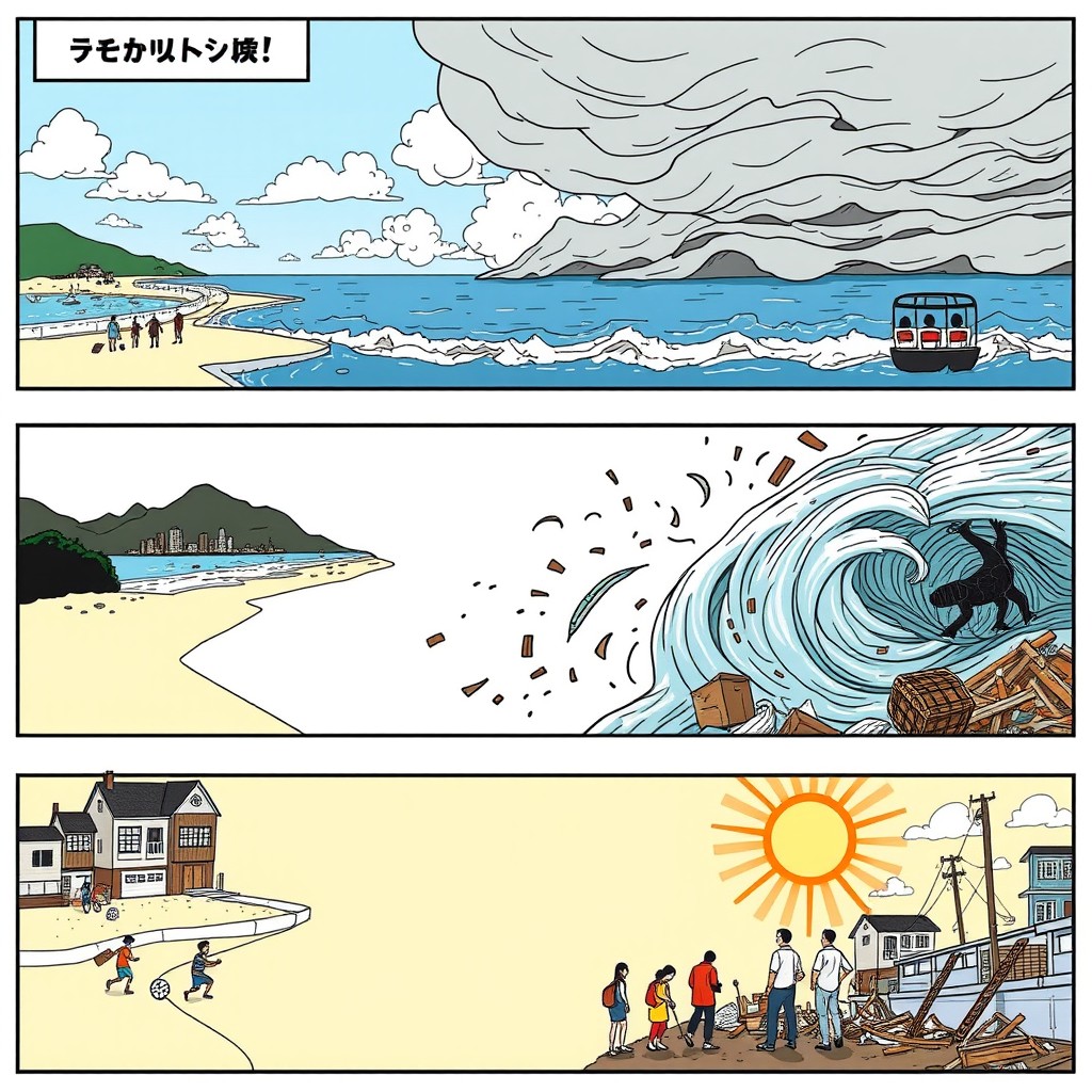 A comic strip illustrating the timeline of a typhoon: The first panel depicts a peaceful coastal town with bright skies and people enjoying the beach