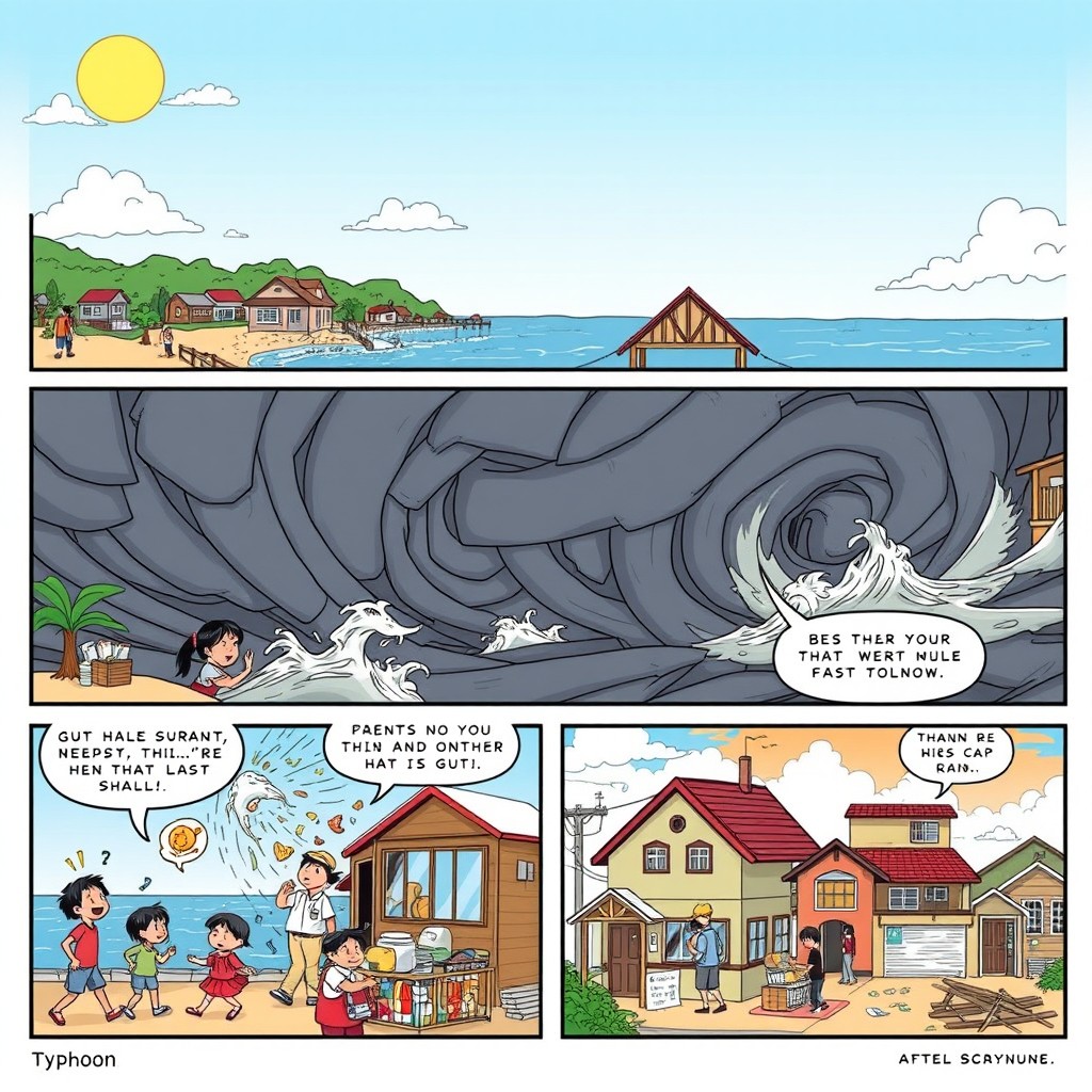 A comic strip showcasing the journey of a community through a typhoon: The first panel shows a tranquil coastal village on a sunny day, people enjoying outdoor activities, and children playing