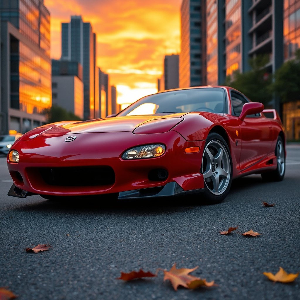 A sleek, red Mazda RX-7 parked in a vibrant city setting during sunset, showcasing its iconic design with smooth curves and spoiler