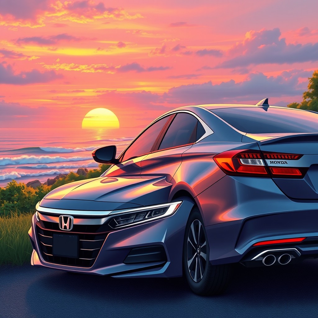 A detailed illustration of a sleek and modern Honda car parked beside a scenic coastal road during sunset, capturing the vibrant colors of the sky reflecting off the car's shiny exterior