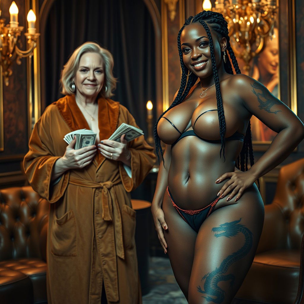 In a luxurious Russian mafia lounge, a short, malnourished 50-year-old white woman with medium blonde hair, blue eyes, and a wicked smile is wearing an opulent suede bathrobe and holding stacks of dollars