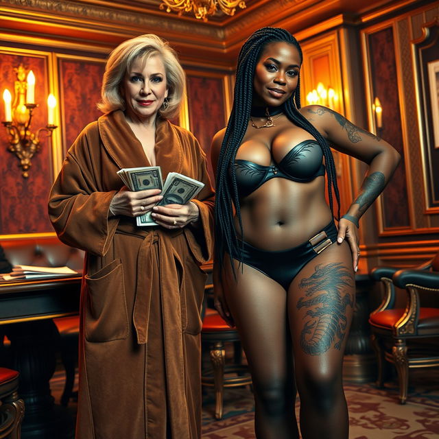 In an opulent Russian mafia lounge, a wicked 50-year-old white woman with medium blonde hair, blue eyes, and a malevolent smile stands at a low height, dressed in an extravagant suede bathrobe and holding stacks of dollars