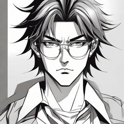 Manga-style illustration of character Ajoi Tsiresy: a renowned former mangaka reincarnated as an antagonist. He has distinctive features such as glasses, disheveled hair, and a mysterious aura.