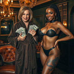 In a lavish Russian mafia lounge, a wicked 50-year-old white woman with medium blonde hair, blue eyes, and a sinister smile stands at a short height, dressed in a luxurious suede bathrobe while holding stacks of dollars