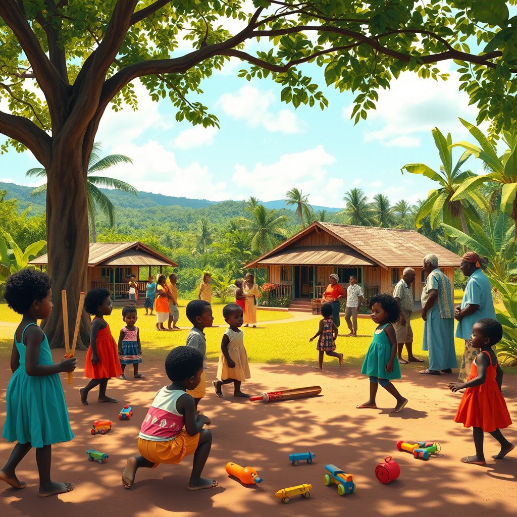 A nostalgic scene depicting a vibrant community in Guyana during a golden era of togetherness and love across all races