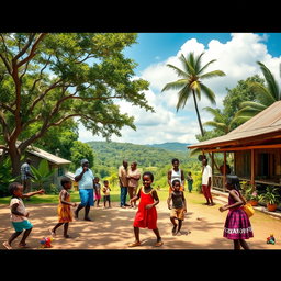 A nostalgic scene depicting a vibrant community in Guyana during a golden era of togetherness and love across all races