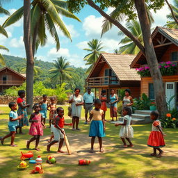 A nostalgic scene depicting a vibrant community in Guyana during a golden era of togetherness and love across all races