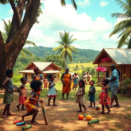 A nostalgic scene depicting a vibrant community in Guyana during a golden era of togetherness and love across all races