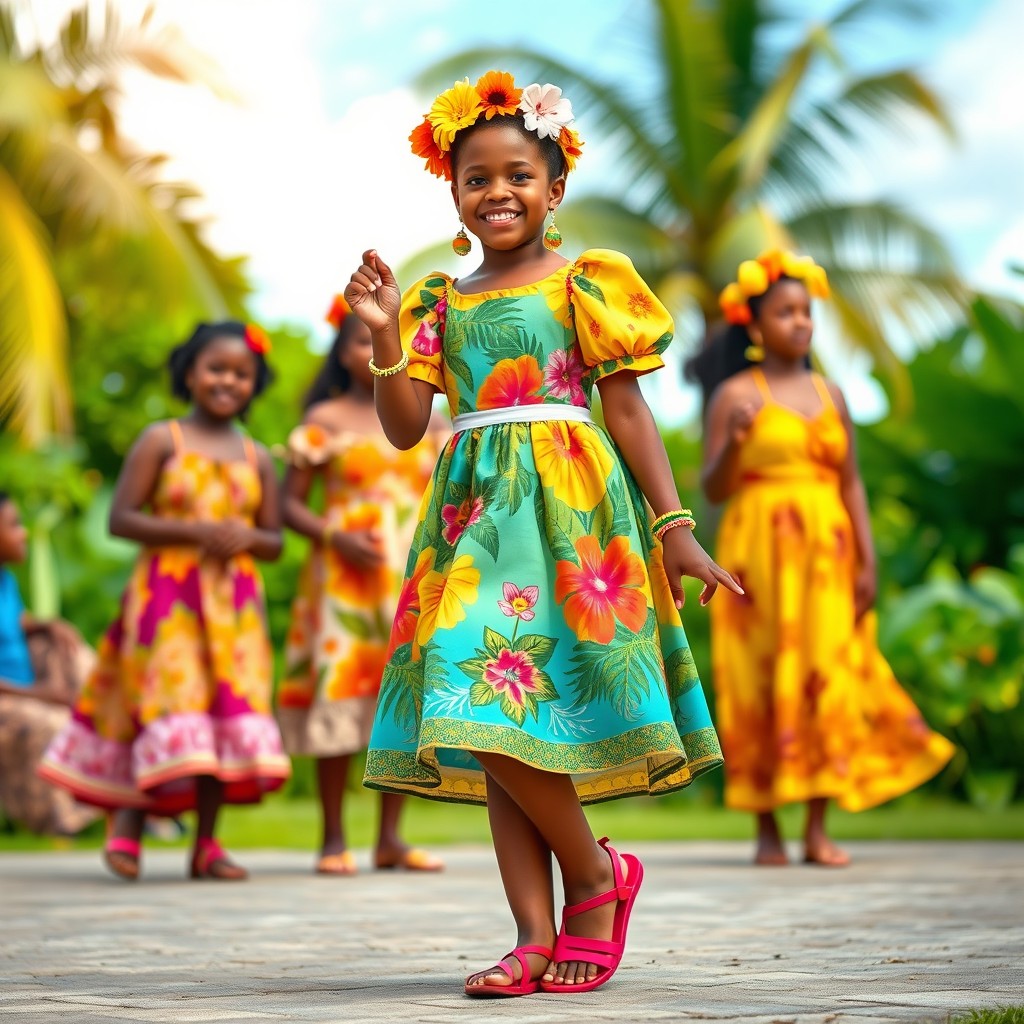 A vibrant costume for a 16 year old girl performing a calypso song, reflecting the joyful essence of the ole time days in Guyana