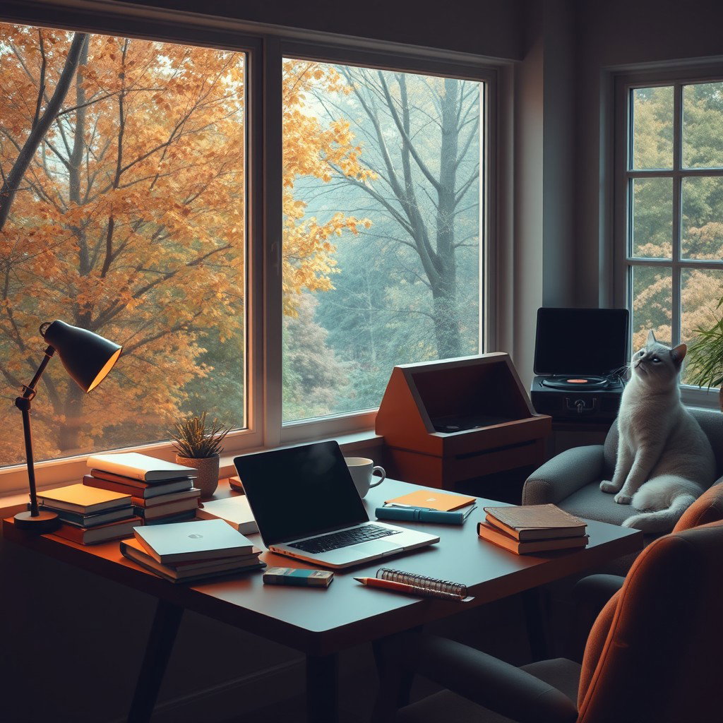 A serene lofi study scene featuring a cozy, softly lit room with large windows