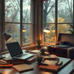 A serene lofi study scene featuring a cozy, softly lit room with large windows