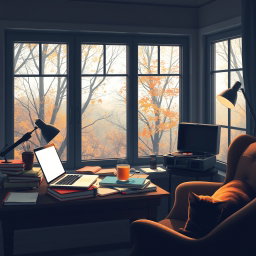 A serene lofi study scene featuring a cozy, softly lit room with large windows