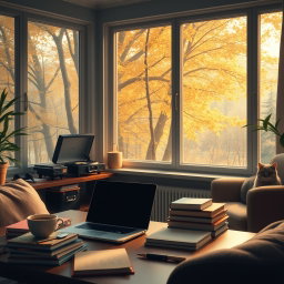 A serene lofi study scene featuring a cozy, softly lit room with large windows