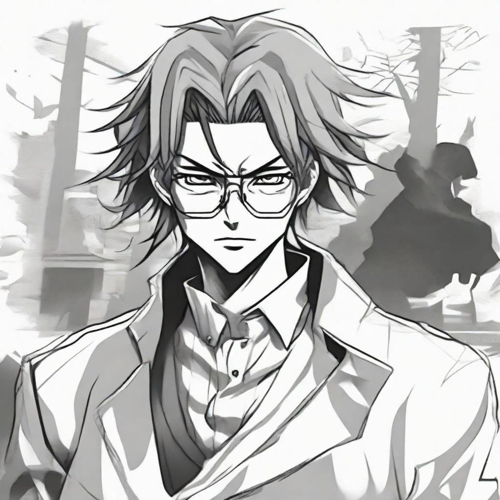 Manga-style illustration of character Ajoi Tsiresy: a renowned former mangaka reincarnated as an antagonist. He has distinctive features such as glasses, disheveled hair, and a mysterious aura.