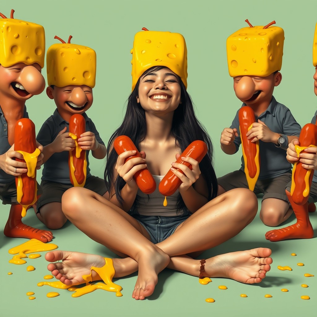 A vibrant and surreal scene featuring a young Filipino woman with long black hair and a few visible acne spots, sitting crisscross on the ground with a joyful smile and her eyes closed