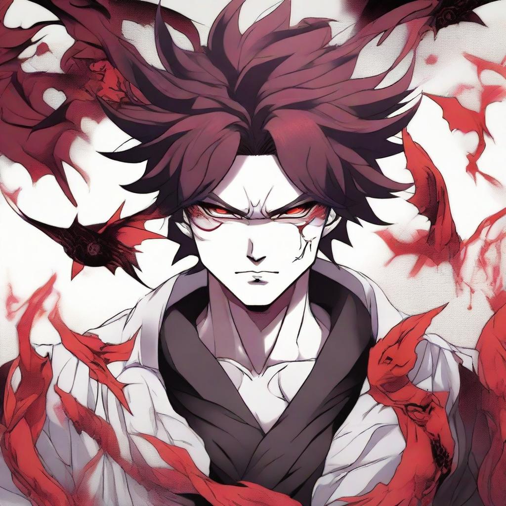 Manga-style illustration of character Akuma Koi: a demonic lover and former antagonist with distinctive features such as scarlet eyes, dark wings, and a charismatic presence.