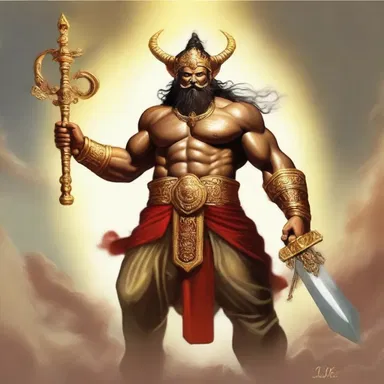 According to mythology, the powerful deity wields a two-handed weapon that can defeat any enemy.
