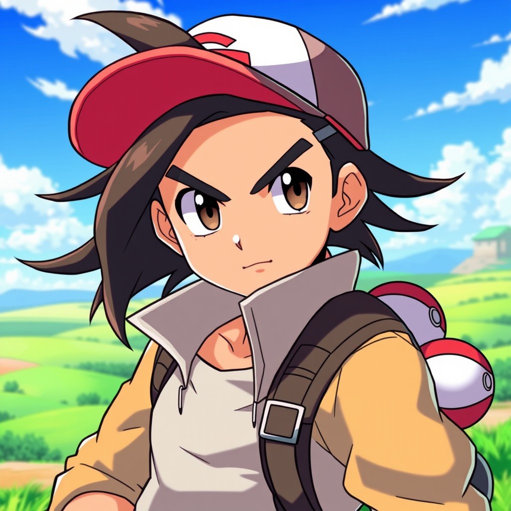 A dynamic profile picture of a Pokemon trainer with determined eyes, gazing straight at the viewer