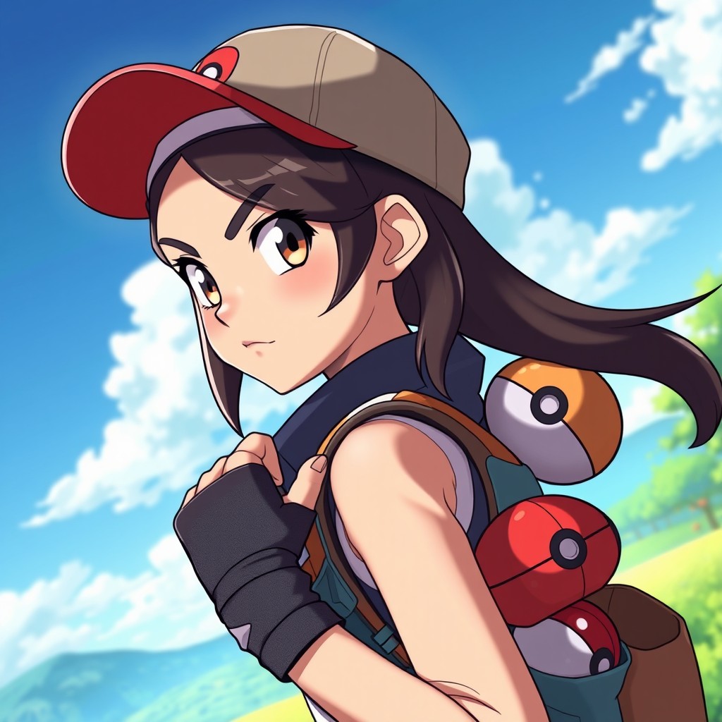 A striking profile picture of a girl Pokemon trainer with determined eyes, facing straight at the viewer