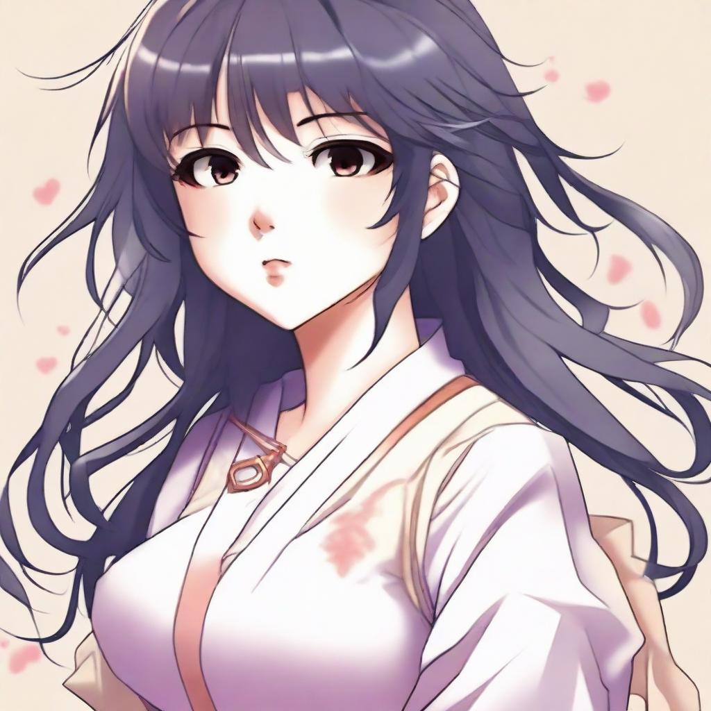 Manga-style illustration of character Hinata Ayame: the manga heroine, now facing Akuma Koi's love, with distinctive features such as long hair, elegant clothes, and determination in her eyes.