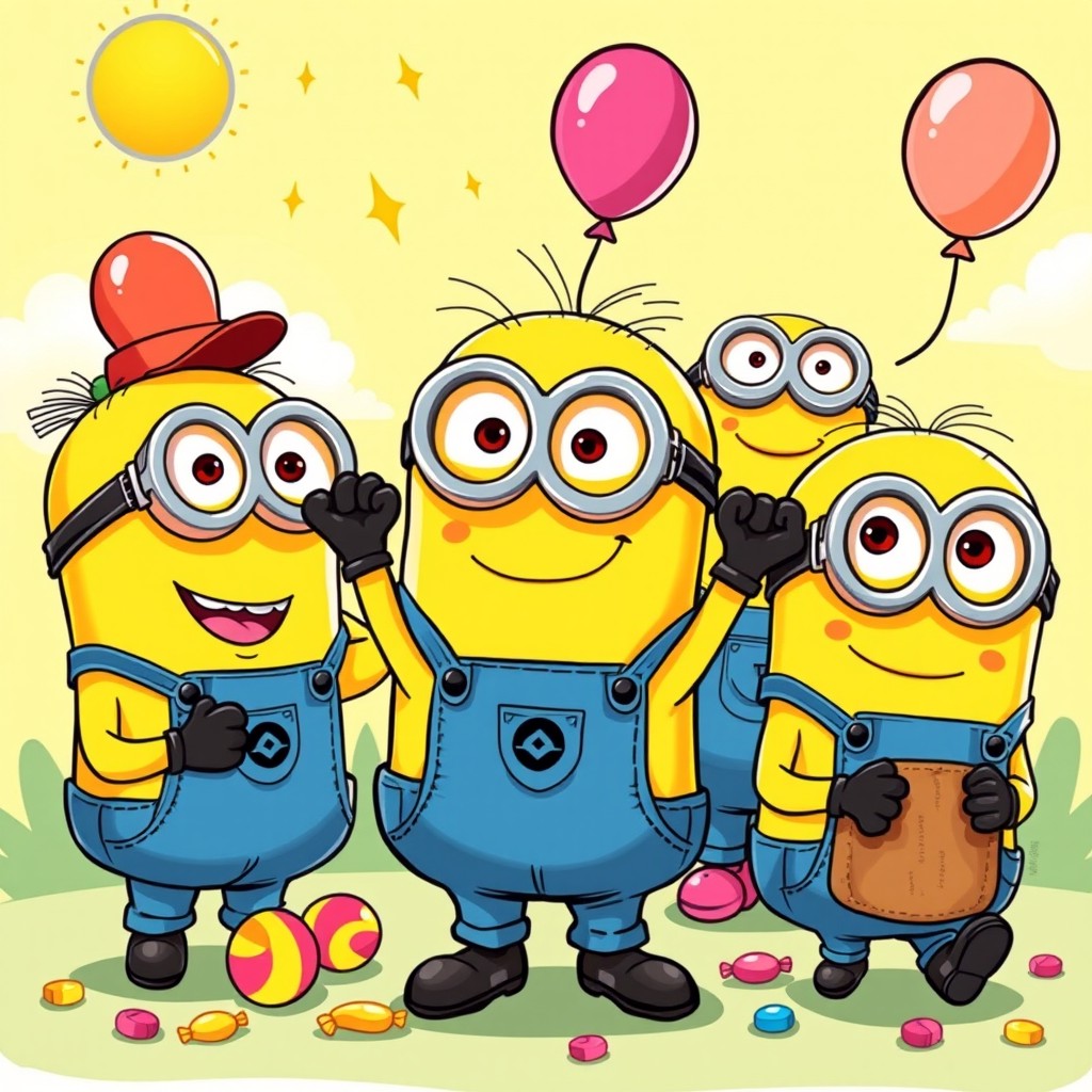 A colorful and fun illustration of cute yellow Minions, featuring their signature overalls and goggles, happily engaged in various entertaining activities