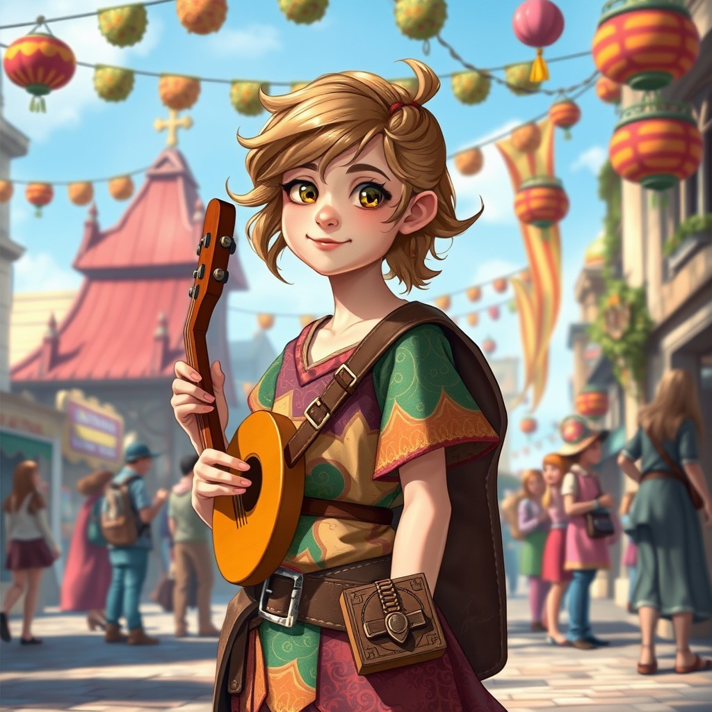 A teenage girl bard character for a D&D setting, with light brown hair styled in playful waves, light skin, and a petite frame