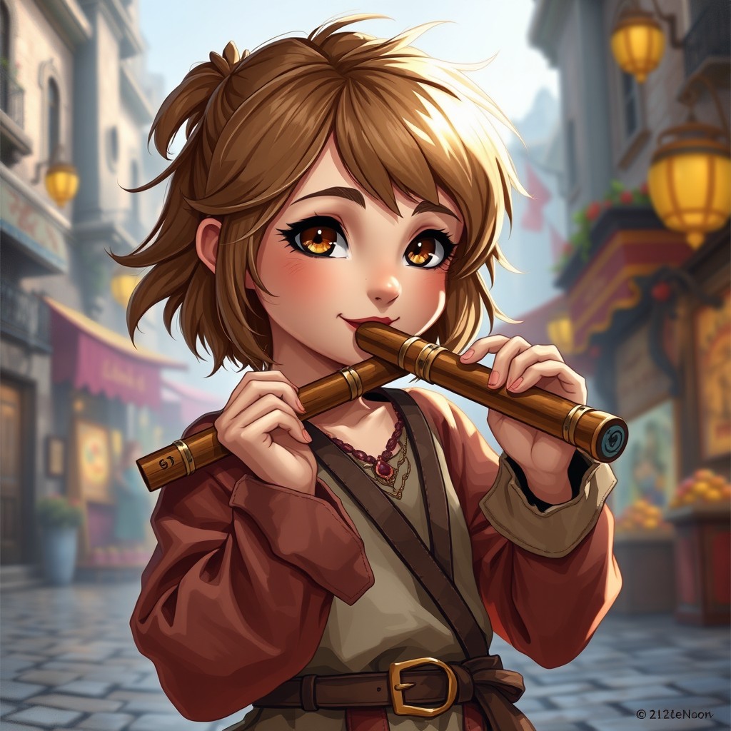 A young bard girl character for D&D, depicted as a teenager with light brown hair, delicate features, and light skin