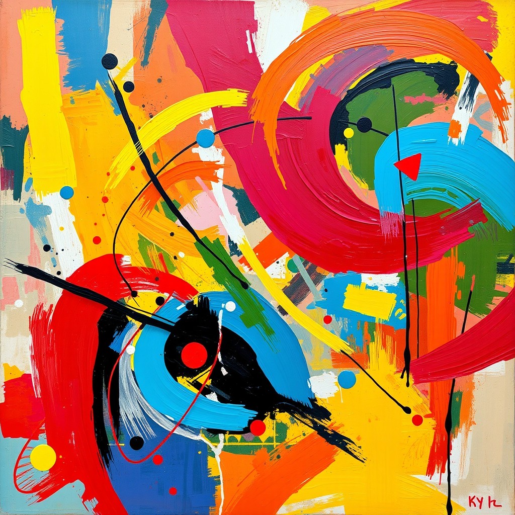 An abstract painting featuring vibrant colors and dynamic shapes that evoke a sense of movement and energy