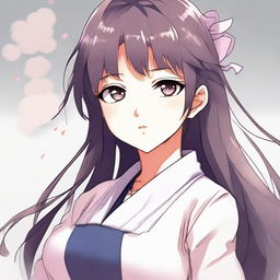 Manga-style illustration of character Hinata Ayame: the manga heroine, now facing Akuma Koi's love, with distinctive features such as long hair, elegant clothes, and determination in her eyes.