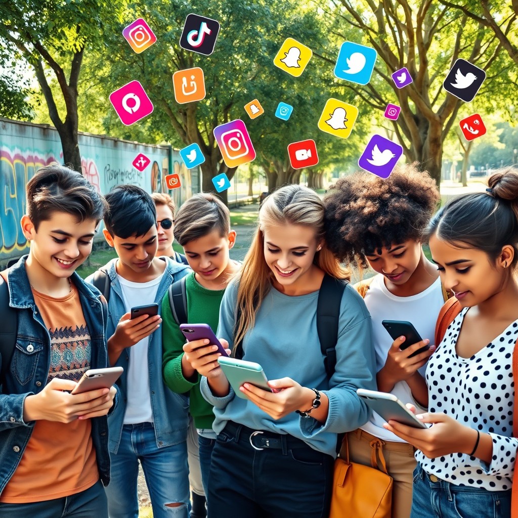 A vibrant scene depicting the influence of social media on youth culture, showcasing a diverse group of teenagers engaging with smartphones and tablets