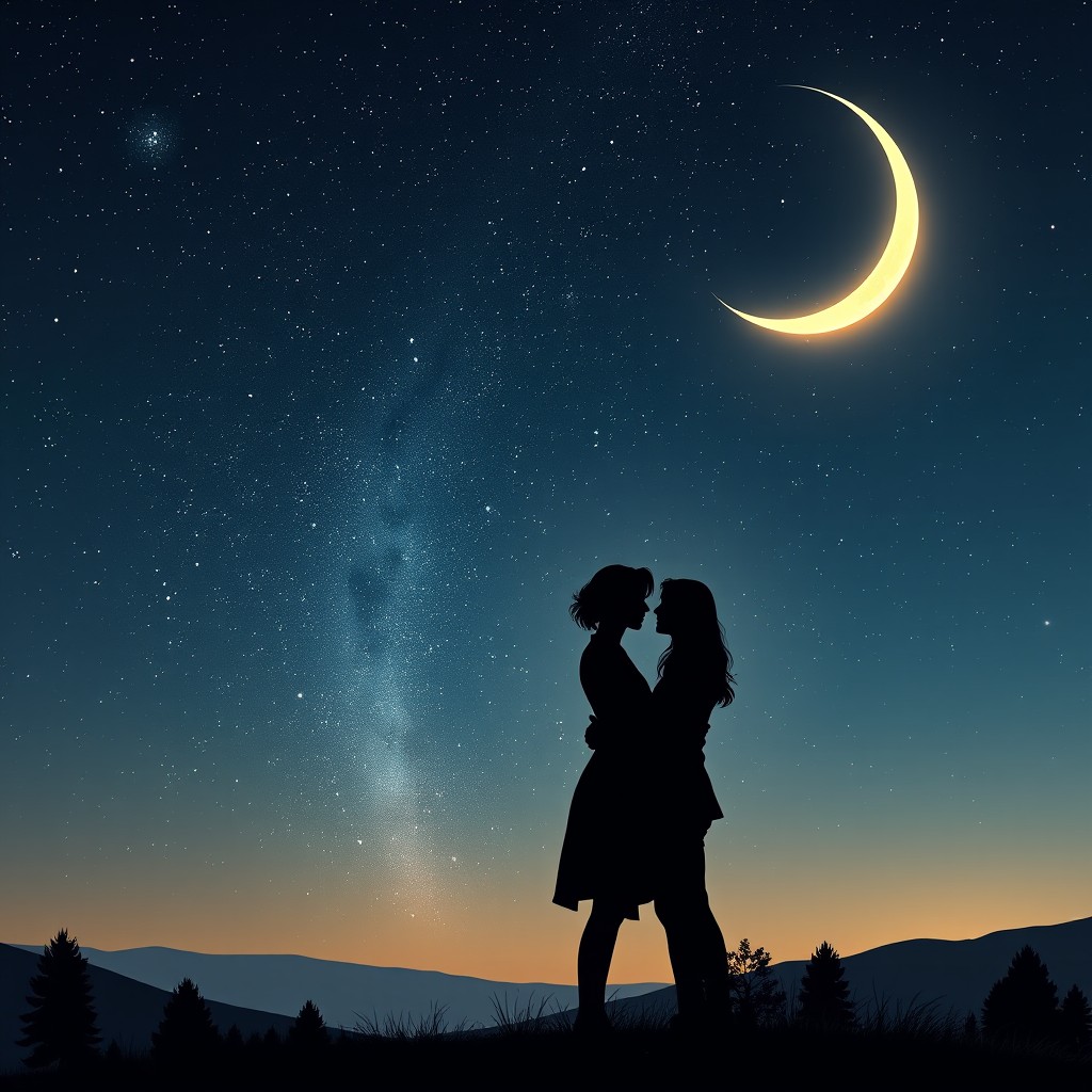 A romantic scene of two lovers embracing under a beautiful starry night sky