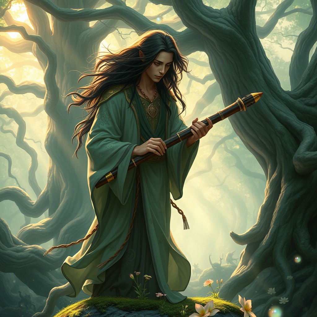 A Fallen Asmara bard with a panflute in a mystical forest