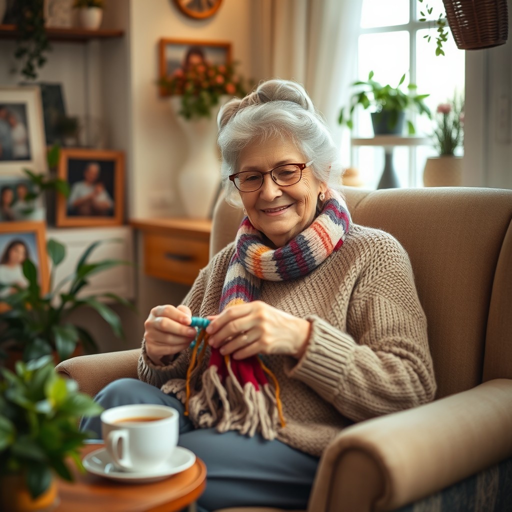 A warm and cozy scene featuring a loving grandmother sitting in a comfortable armchair, knitting a colorful scarf