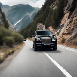 A teenage boy and a beautiful girl in a black Rolls-Royce on a mountain road. Viewed from outside with three black Benz G-class vehicles trailing behind them