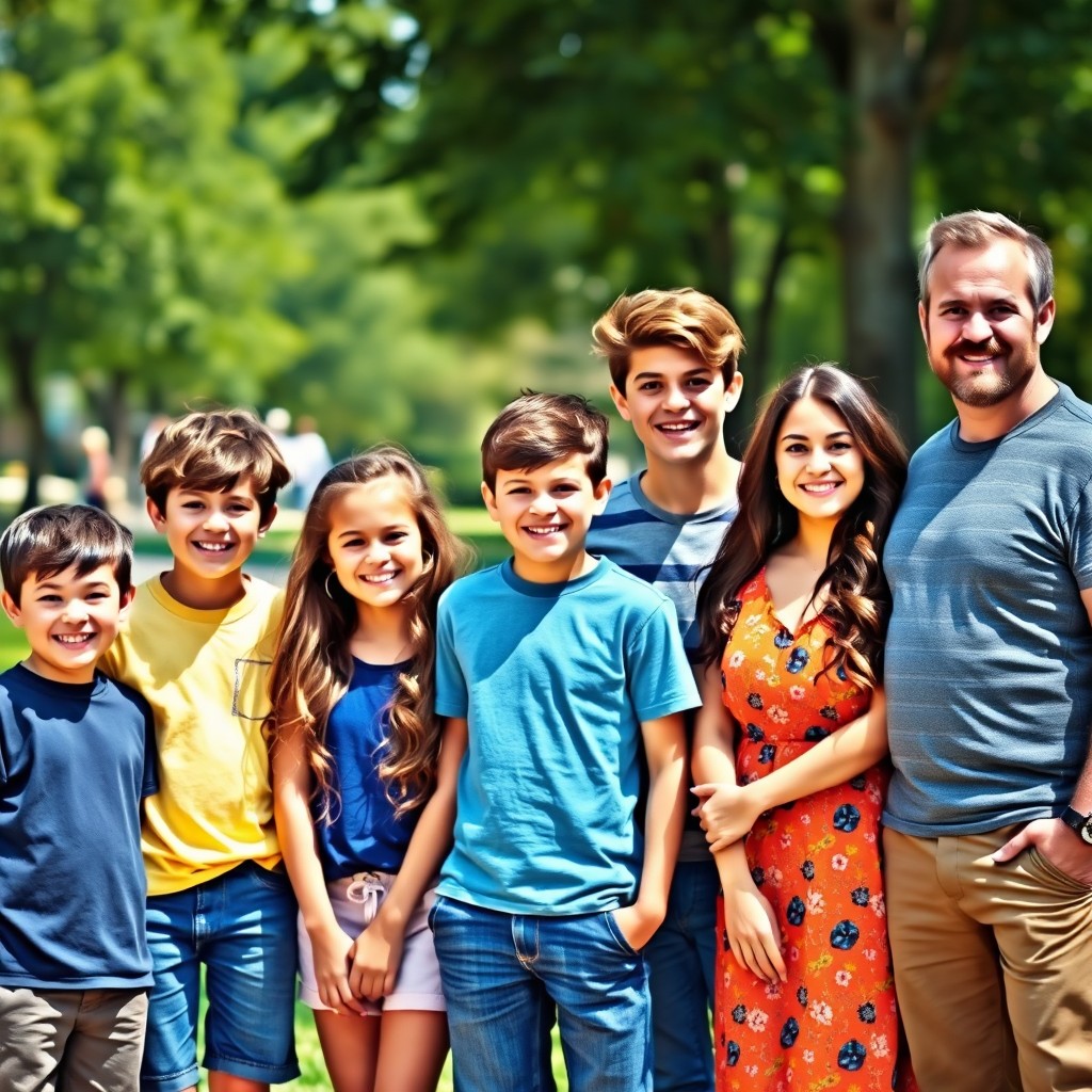 A cheerful outdoor scene featuring a diverse group of six individuals: a 10-year-old boy with short, neatly styled dark brown hair standing next to a 12-year-old girl with long, wavy light brown hair adorned with colorful clips; she possesses a bright smile and has braces