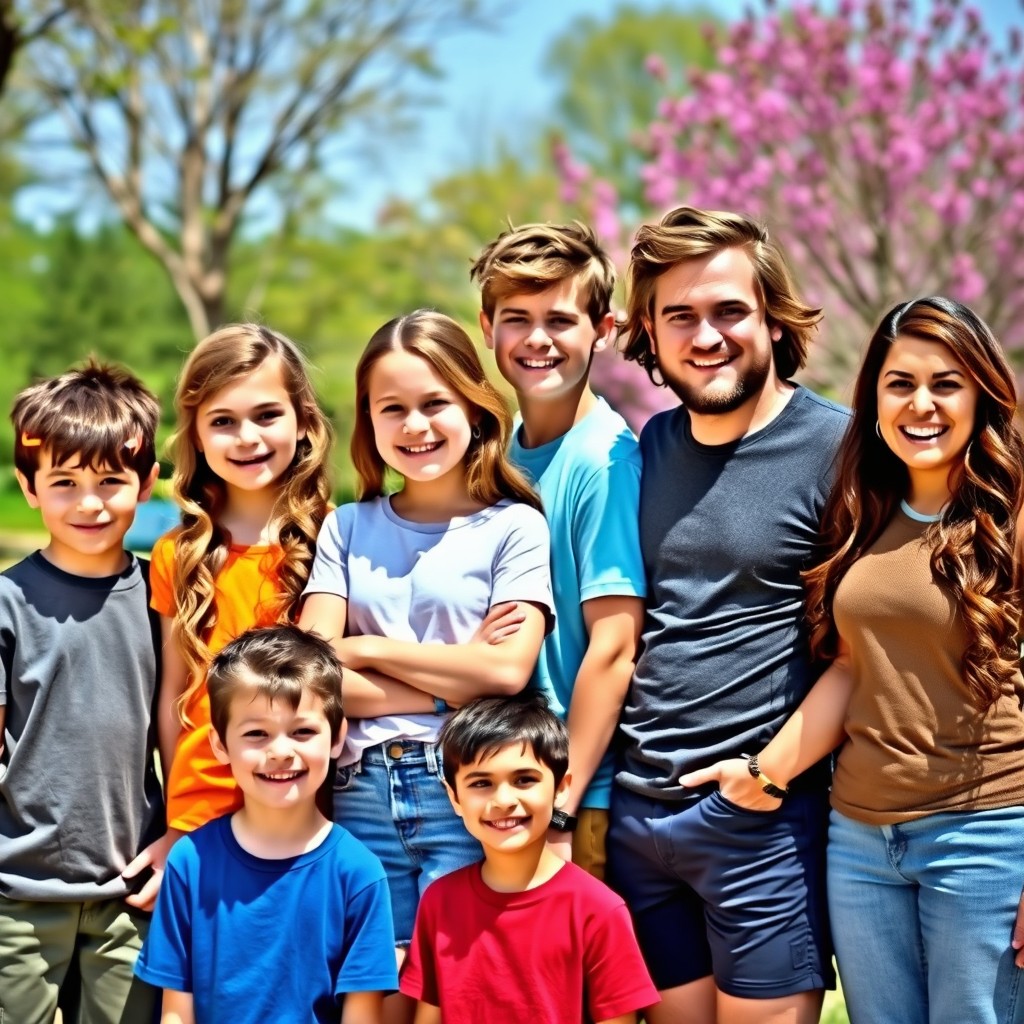 A cheerful outdoor scene featuring a diverse group of six individuals: a 10-year-old boy with short, neatly styled dark brown hair standing next to a 12-year-old girl with long, wavy light brown hair adorned with colorful clips; she has a bright smile and braces