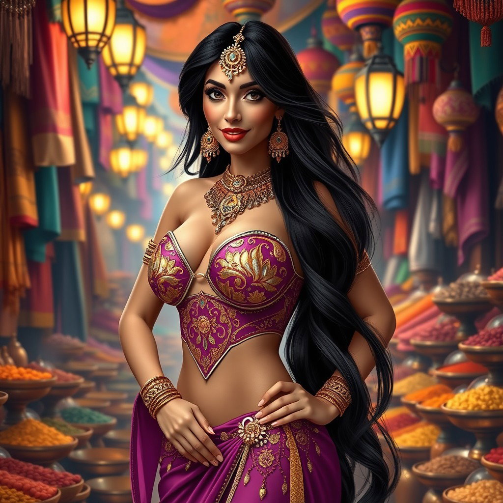 A sultry reinterpretation of Princess Jasmine, characterized by a dazzling, intricate belly dancer outfit adorned with elaborate gold jewelry