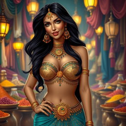 A sultry reinterpretation of Princess Jasmine, characterized by a dazzling, intricate belly dancer outfit adorned with elaborate gold jewelry
