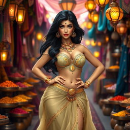 A sultry reinterpretation of Princess Jasmine, characterized by a dazzling, intricate belly dancer outfit adorned with elaborate gold jewelry