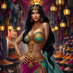 A sultry reinterpretation of Princess Jasmine, characterized by a dazzling, intricate belly dancer outfit adorned with elaborate gold jewelry