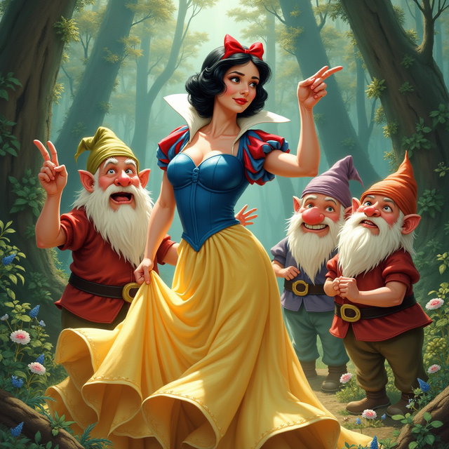 A provocative interpretation of Snow White, depicted in a playful and flirtatious manner with an emphasis on a sexy and alluring demeanor