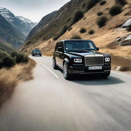 A teenage boy and a beautiful girl in a black Rolls-Royce on a mountain road. Viewed from outside with three black Benz G-class vehicles trailing behind them