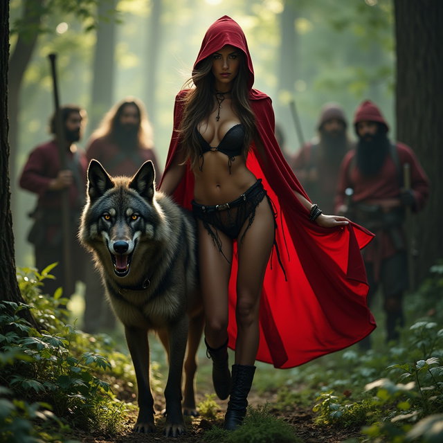 A provocative reinterpretation of Little Red Riding Hood, showcasing her in a daring, sultry outfit with transparent elements, exuding confidence and allure