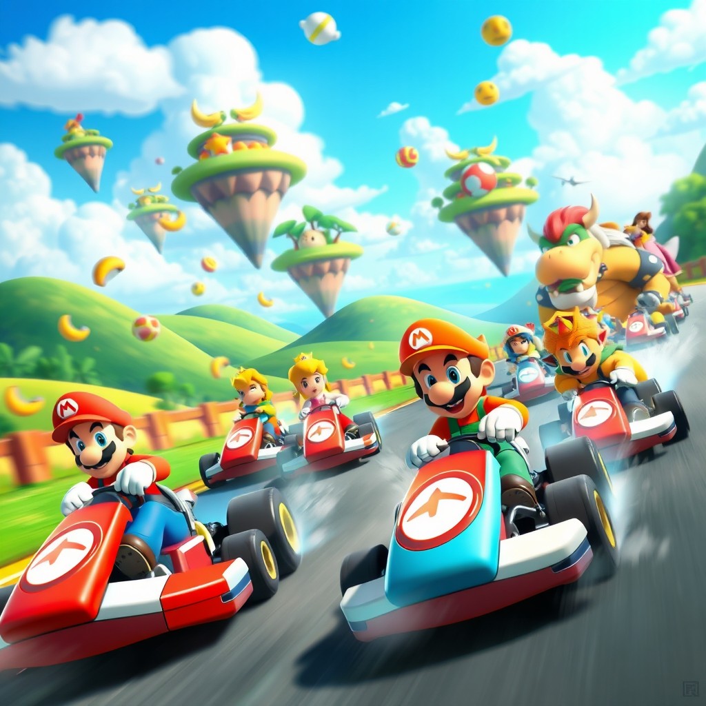 A vibrant and dynamic scene depicting a Mario Kart race featuring iconic characters like Mario, Luigi, Princess Peach, and Bowser