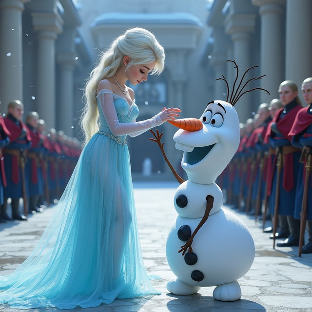 A whimsical and playful fantasy scene featuring a very alluring ice queen in a transparent, alluring outfit, reminiscent of winter elegance